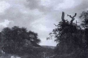 Wooded Landscape With A Peasant Crossing A Bridge Beneath An Old Oak by Jacob Van Ruisdael