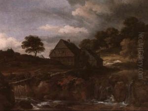 A Wooded River Landscape With A Cottage By A Waterfall by Jacob Van Ruisdael