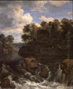 A River Landscape With A Waterfall And A Castle On A Cliff by Jacob Van Ruisdael