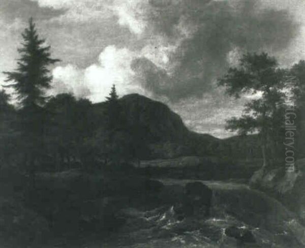 Northern Wooded River Landscape With A Waterfall - view 1