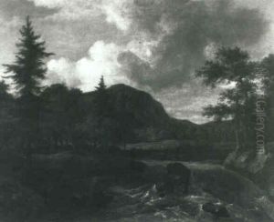Northern Wooded River Landscape With A Waterfall by Jacob Van Ruisdael