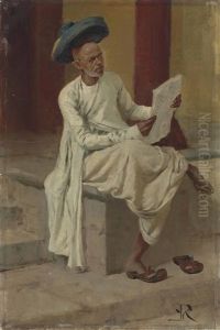 An Indian Man Reading The Newspaper In The Bazaar, Bombay by Horace Van Ruith
