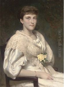 Portrait Of A Lady, Seated Half-length, In A White Dress And Shawl With A Yellow Rose