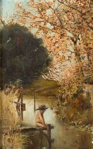 Nino Pescando En Un Paisaje by Justo Ruiz Luna