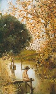 Paisaje Con Nino Y Lago by Justo Ruiz Luna