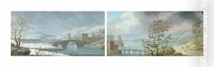 A Summer River Landscape With Travellers On A Path During A Tempest; And A Winter Landscape With A Fortified City by Juan Salvador Ruiz