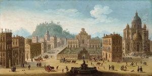 A Fanciful Palace With A Fountain, Church And Figures
