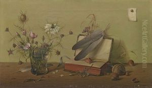 Stilleben Mitfeldblumenstrauss, Nussen, Federn Und Buch