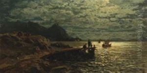 Coastal Scenery With Boats In Moonlight, Presumably From Norway Coastal Scenery With Boats In Moonlight, Presumably From Norway