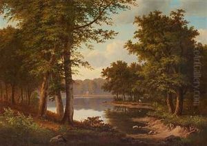 Skovso Med Hjorte Der Graesser Langs Bredden Skovso Med Hjorte Der Graesser Langs Bredden