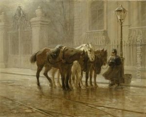 Ein Pferdewarter Und Drei Trambahnpferde by Emil Rumpf