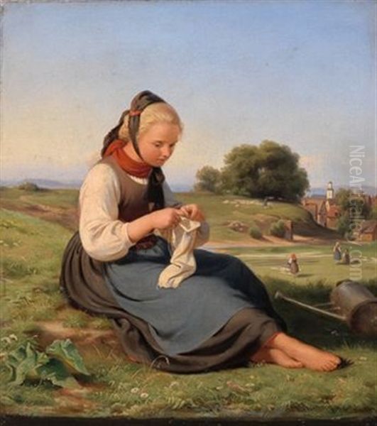 Madchen Mit Handarbeit Vor Einem Weiten Landschaftshintergrund - view 1