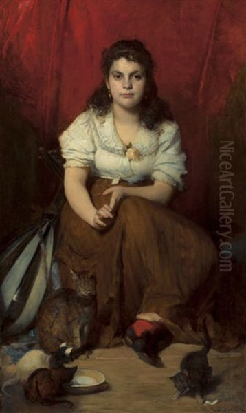 Portrait Of A Young Girl With A Mandolin And Cats - view 1