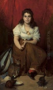 Portrait Of A Young Girl With A Mandolin And Cats
