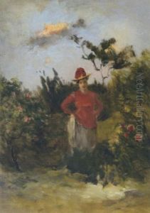 Dame In Rot Mit Rosen by Franz Rumpler
