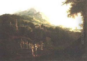 Clasical Landscape With Figures Bearing Offerings by Alexander Runciman