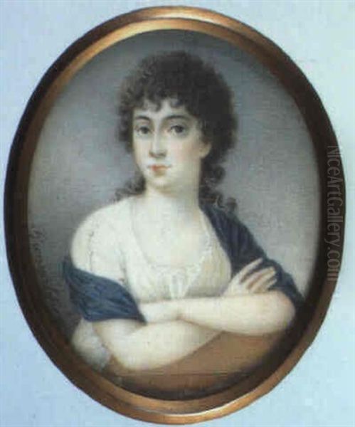 A Young Lady Leaning On A Table In Blue Shawl And White Dress - view 1