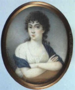 A Young Lady Leaning On A Table In Blue Shawl And White Dress by Ignaz Rungaldier