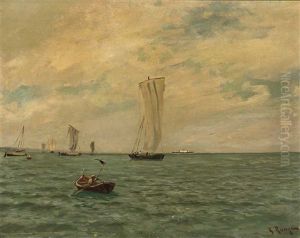 Vor Tiefem Horizont Befahren Verschiedene Segelschiffe, Ein Fischerboot Und Ein Luxusdampfer Das Ruhige Meer by Julius Friedrich Ludwig Runge