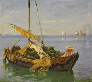 Venezianische Lagune Mit Schiffen, Im Vordergrund Handlerin Mit Melonen Im Boot by Julius Friedrich Ludwig Runge