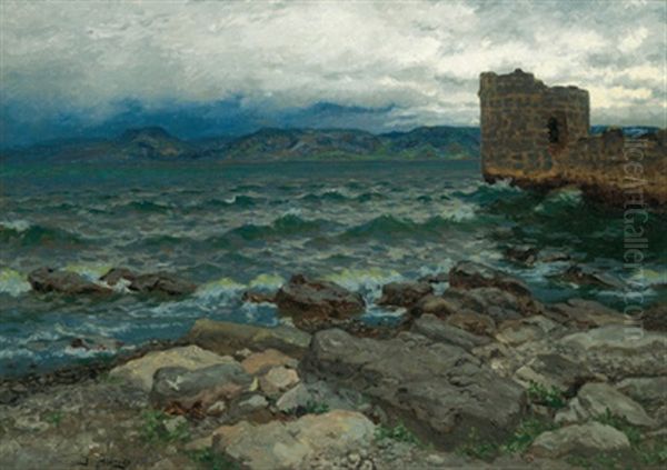 Felsige Kustenlandschaft Mit Wehrturm Bei Aufziehendem Gewitter - view 1