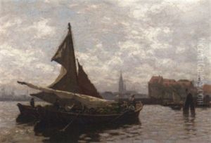 Segelboote Bei Der Einfahrt In Einen Hollandischen Hafen by Julius Friedrich Ludwig Runge