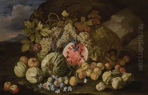 Watermelon, Melon, Grapes, Apples, Pomegranates, Peaches, Figs And Quinces In A Landscape