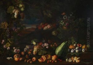 Pomegranates, Figs, Grapes And Other Fruit On A Forest Floor by Giovanni Battista Ruoppolo