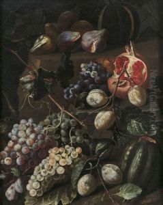 Grapes, Melon And Other Fruit On A Stone Ledge Grapes, Melon And Other Fruit On A Stone Ledge