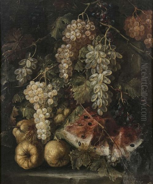 Figs, Pomegranates And Grapes On A Stone Ledge - view 1