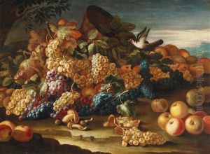 A Pair Of Fruit Still Lifes Before A Landscape Background by Giovanni Battista Ruoppolo