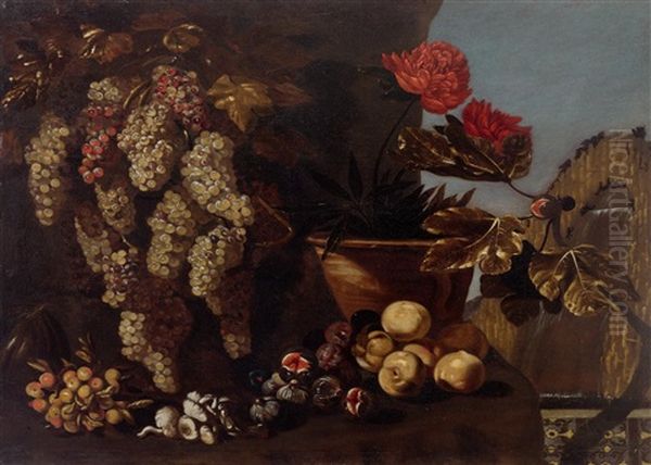 Still Life With Grapes, Figs And Mushrooms In A Landscape by Giovanni Battista Ruoppolo