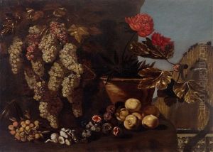 Still Life With Grapes, Figs And Mushrooms In A Landscape