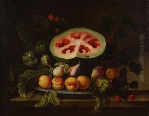 A Still Life With Watermelon And Peaches by Giovanni Battista Ruoppolo