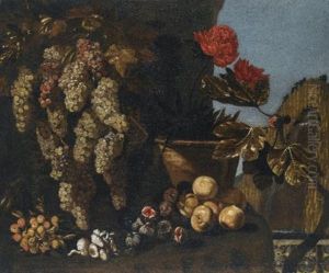 Still Life With Hanging Grapes On The Vine, Figs And Fungi In A Garden Setting