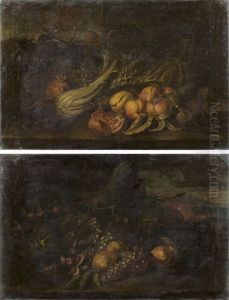Nature Morte Aux Pasteques, Peches, Raisin Et Grenades Dans Un Paysage (+ Nature Morte Aux Pasteques, Fenouil, Raisin Et Grenades Dans Un Paysage; Pair)