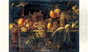 Nature Morte Aux Raisins, Grenades, Poires Et Navets Disposes Sur Un Entablement Sculpte