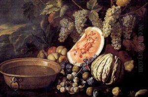 Natura Morta Di Frutta Con Uva, Anguria, Fichi, Prugne E Mele E Un Catino Di Rame