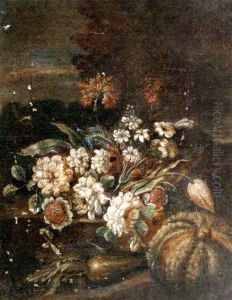 Mixed Flowers In A Glass Of Water With A Melon, Pears, Peaches, And Grapes On A Ledge In A Clearing (+ Mixed Flowers And A Melon In A Clearing; Pair) by Giovanni Battista Ruoppolo