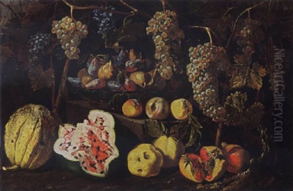 A Still Life With A Watermelon, A Melon, Pomegranates, Peaches And Grapes Together With Figs And Plums In A Basket On A Stone Ledge - view 1