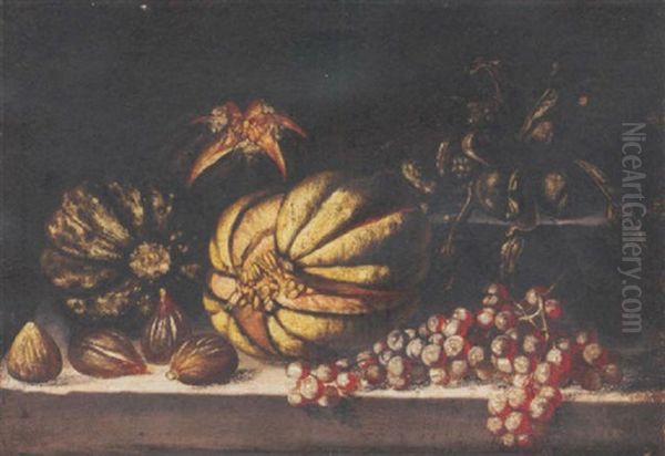 Melons, Grapes And Figs On A Ledge - view 1
