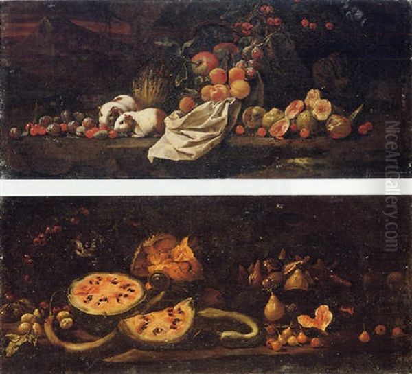 A Still Life Of Watermelons, Plums, Cherries, A Basket Of Figs, Pears And A Monkey - view 1