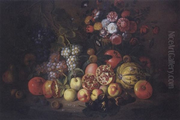 Nature Morte: Grenades, Raisins, Melon, Poires, Nefles Et Figues Poses Sur Un Entablement Pres D'une Corbeille De Fleurs - view 1