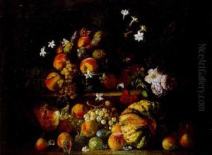Fruit On A Ledge, Including Pears, Peaches, White Grapes, A Melon And Apples With Flowers And A Butterfly