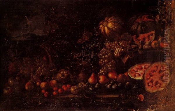 A Still Life Of Pears, Apples, Grapes, Pomegranates, Figs And Melons On A Stone Ledge, A Basket Nearby And A Landscape Beyond - view 1