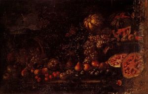 A Still Life Of Pears, Apples, Grapes, Pomegranates, Figs And Melons On A Stone Ledge, A Basket Nearby And A Landscape Beyond by Giovanni Battista Ruoppolo