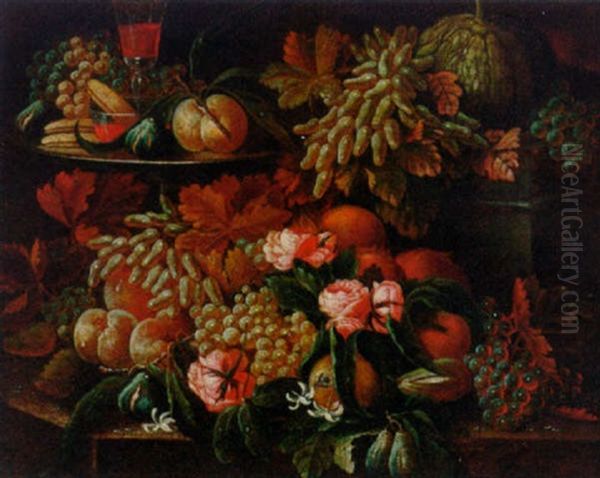 Grapes, Figs, Bananas, A Peach, A Glass And Bowl Of Wine On A Platter, A Pumpkin, Fruit, Flowers And A Bee On A Ledge - view 1