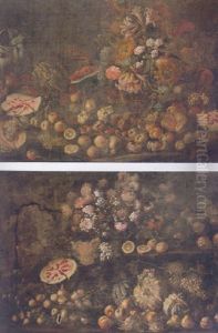 Still Life Of Fruit, Flowers And Urns On A Rocky Bank by Giovanni Battista Ruoppolo