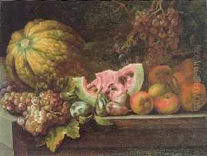 A Still Life Of Melons, Grapes, Plums, Apples And Pears With A Snail On A Stone Ledge by Giovanni Battista Ruoppolo