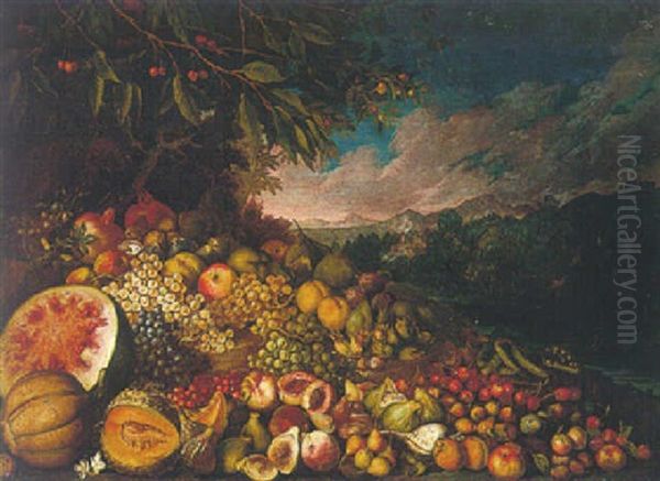 Still Life Of Grapes, Melons And Others Fruits In A Landscape, A River Beyond - view 1